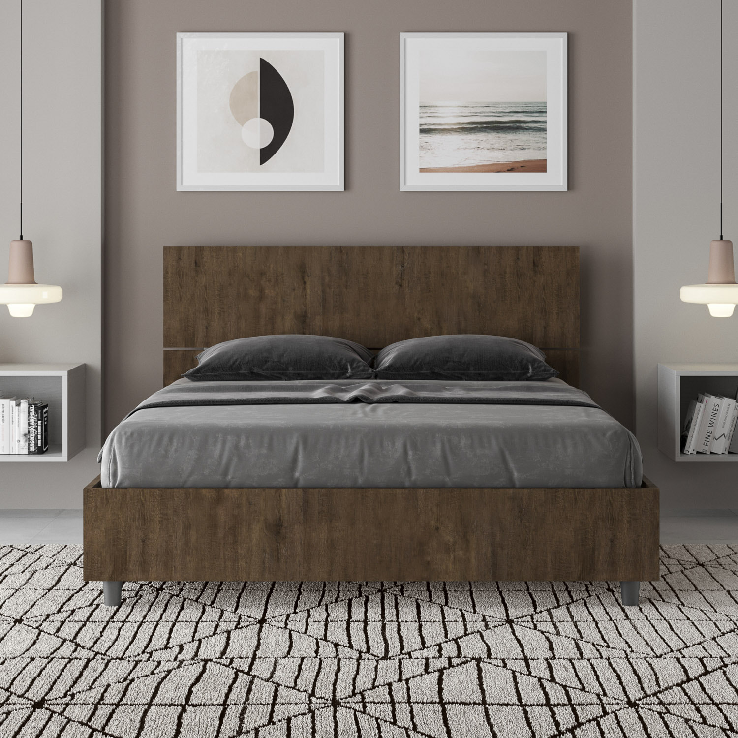 Cama doble con almacenaje 140x200 con cabecera recta nogal Demas
