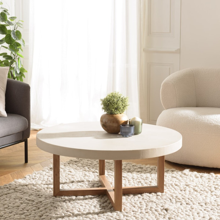 DAK - Table basse ronde 92x92cm en béton beige pieds croisés en teck