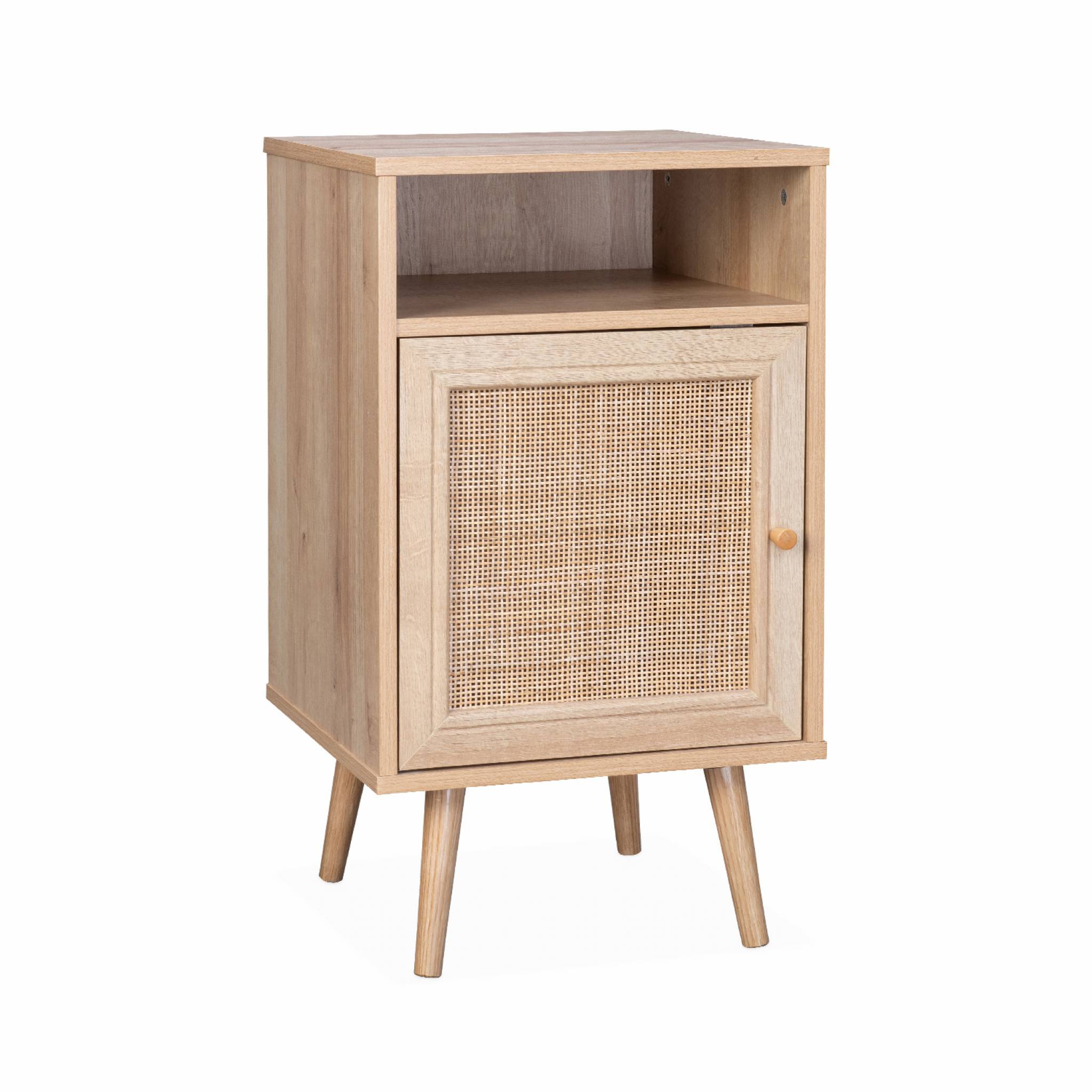 Lot de 2 tables de chevet en cannage - Bohème - 40x39x70cm Naturel - 2 niveaux - 1 portes - 1 espace de rangement - pieds scandinaves