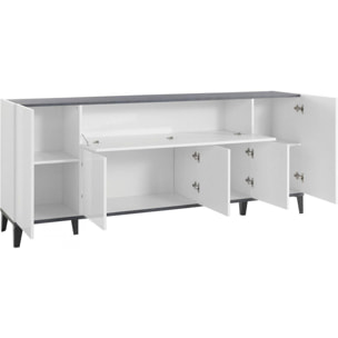 Credenza moderna a 6 ante, Made in Italy, Madia da cucina rialzata, Buffet di design da soggiorno, Cm 200x40h82, Bianco lucido e Ardesia