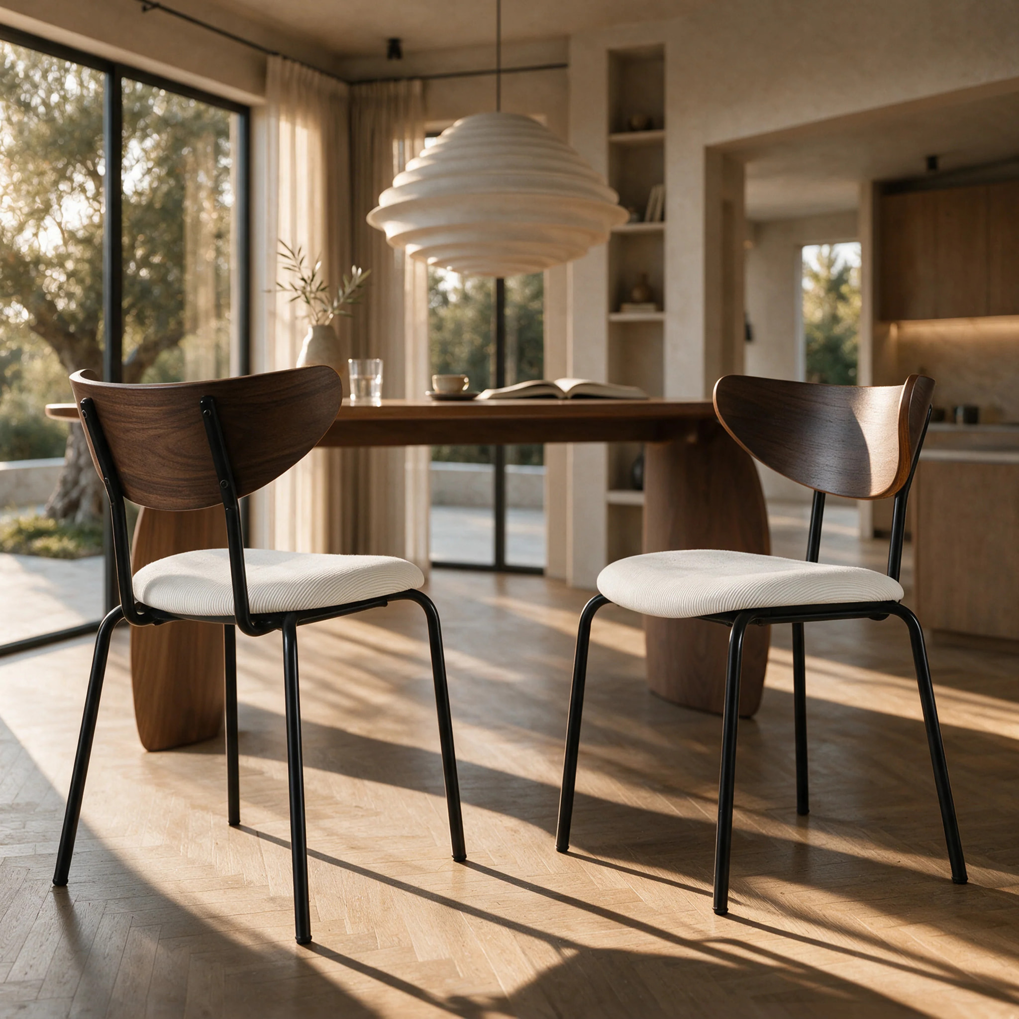 Lot de 2 chaises en velours côtelé blanc crème et dossier en bois - Jade