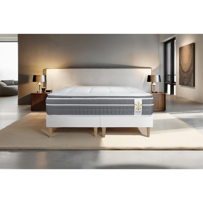 Ensemble Matelas Trente PLUS - 30cm - Hybride - Effet nuage avec surmatelas intégré - Sommier Tapissier Blanc