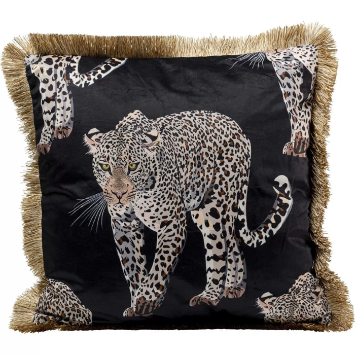 Coussin à franges noir léopard Kare Design