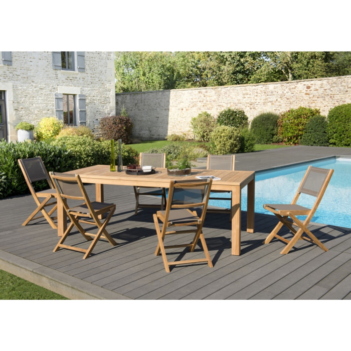 HALICE - SALON DE JARDIN EN BOIS TECK 6/8 personnes - 1 Table rectangulaire 220*100 cm et 6 chaises textilène