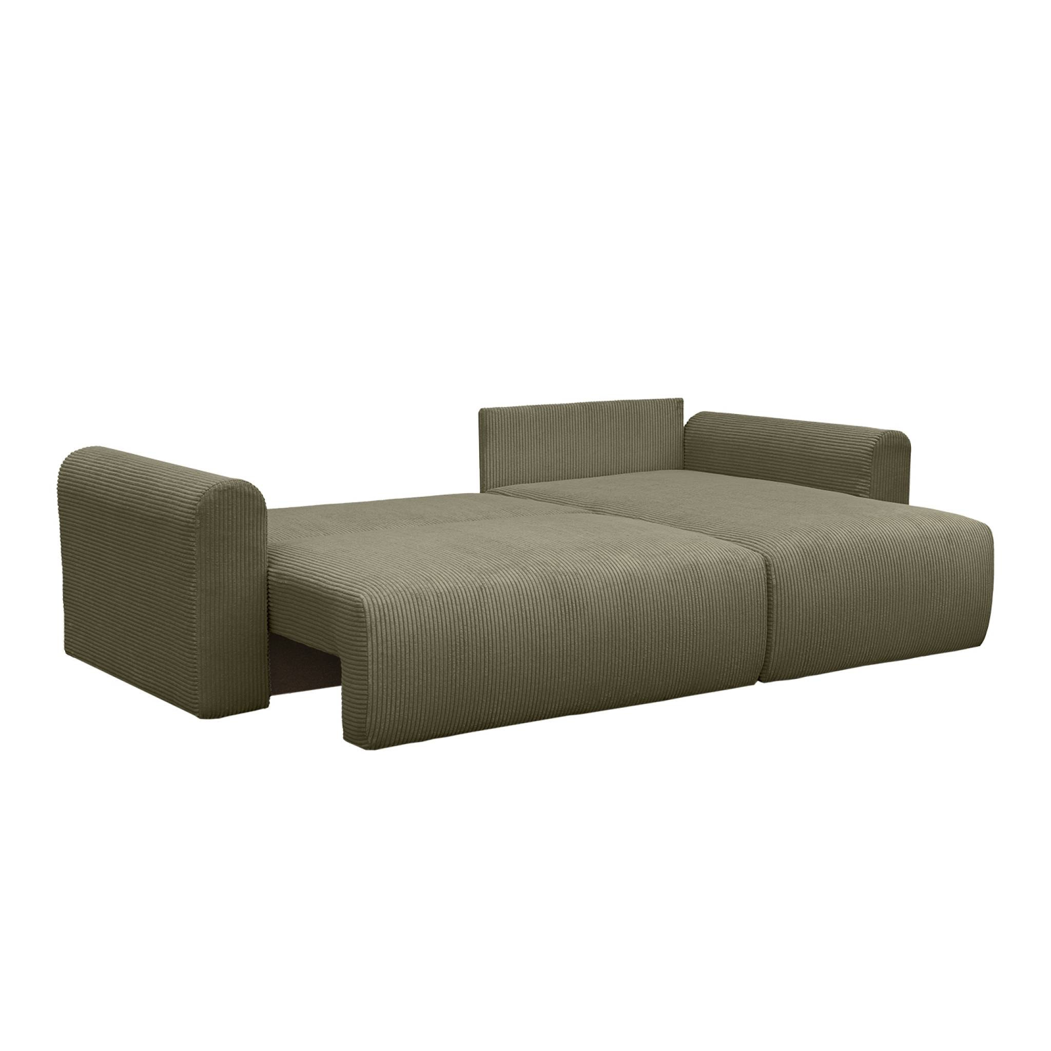 Canapé d'angle convertible réversible 3 places velours côtelé kaki avec coffre de rangement - Almo
