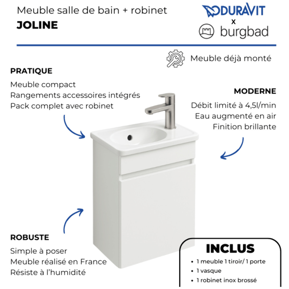 Pack meuble suspendu lave-mains Joline blanc mat + Robinet lave-mains eau froide Duravit Wave Inox brossé