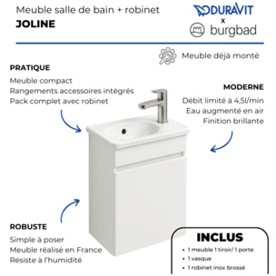 Pack meuble suspendu lave-mains Joline blanc mat + Robinet lave-mains eau froide Duravit Wave Inox brossé