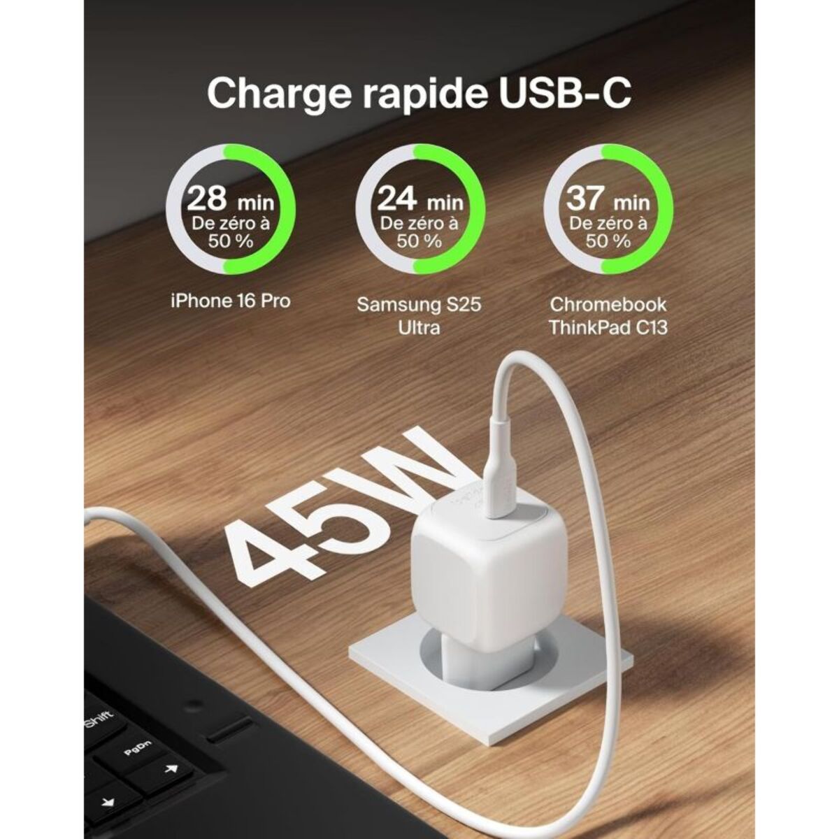 Chargeur BELKIN 45W USB charge rapide & 1M C-C blanc