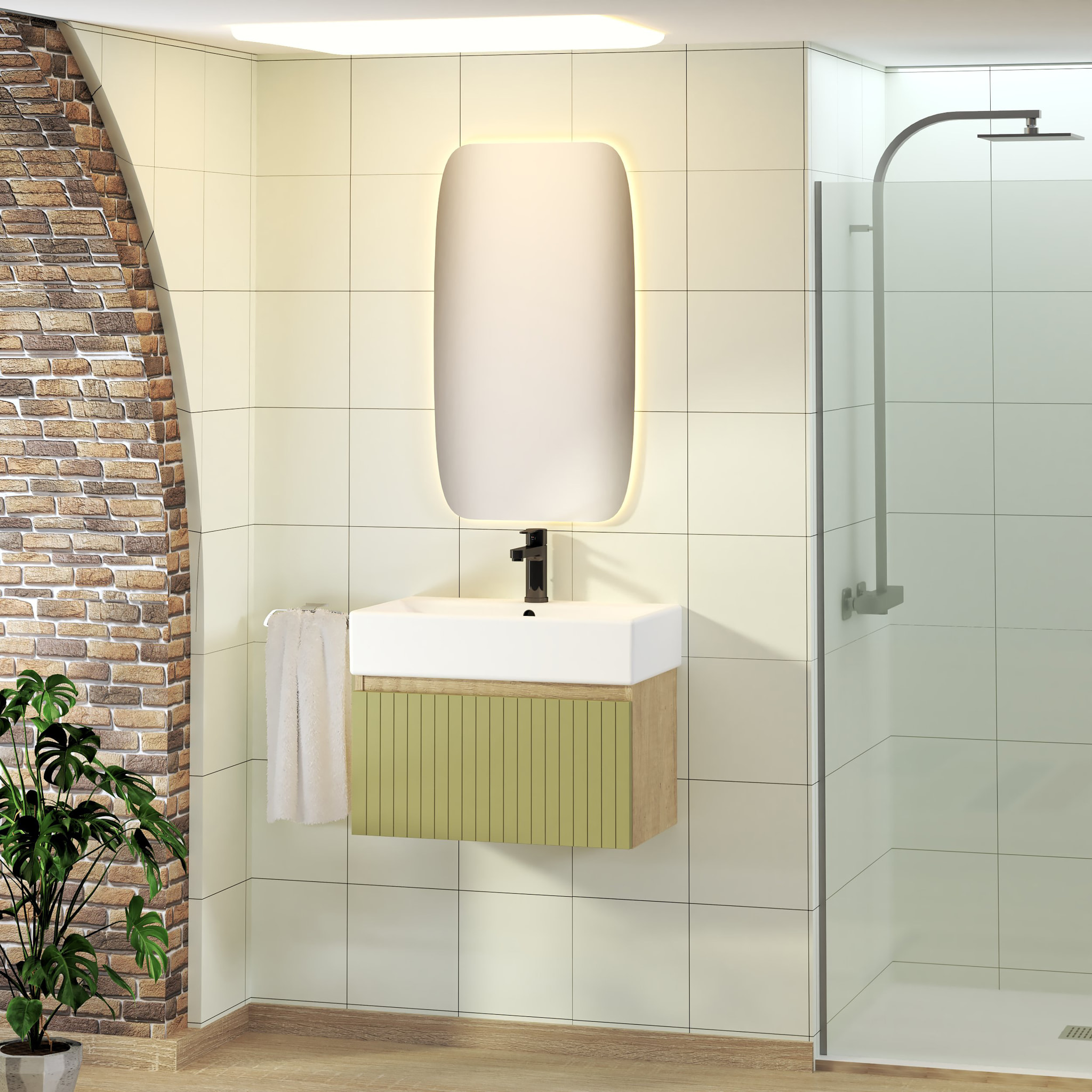Conjunto de Baño Zel | Mueble Suspendido | 60 cm Verde | Un Cajón | Lavabo Encastrado | No incluye Espejo | Mueble Montado| Alday
