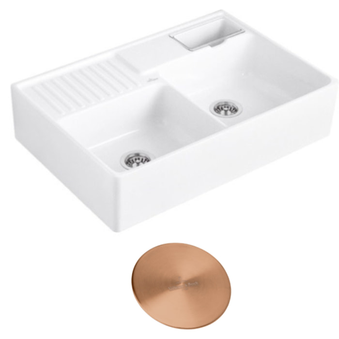 Evier timbre d'office Tradition 2 bacs 89,5 x 63 céramique vidage manuel blanc + Cache bonde bronze