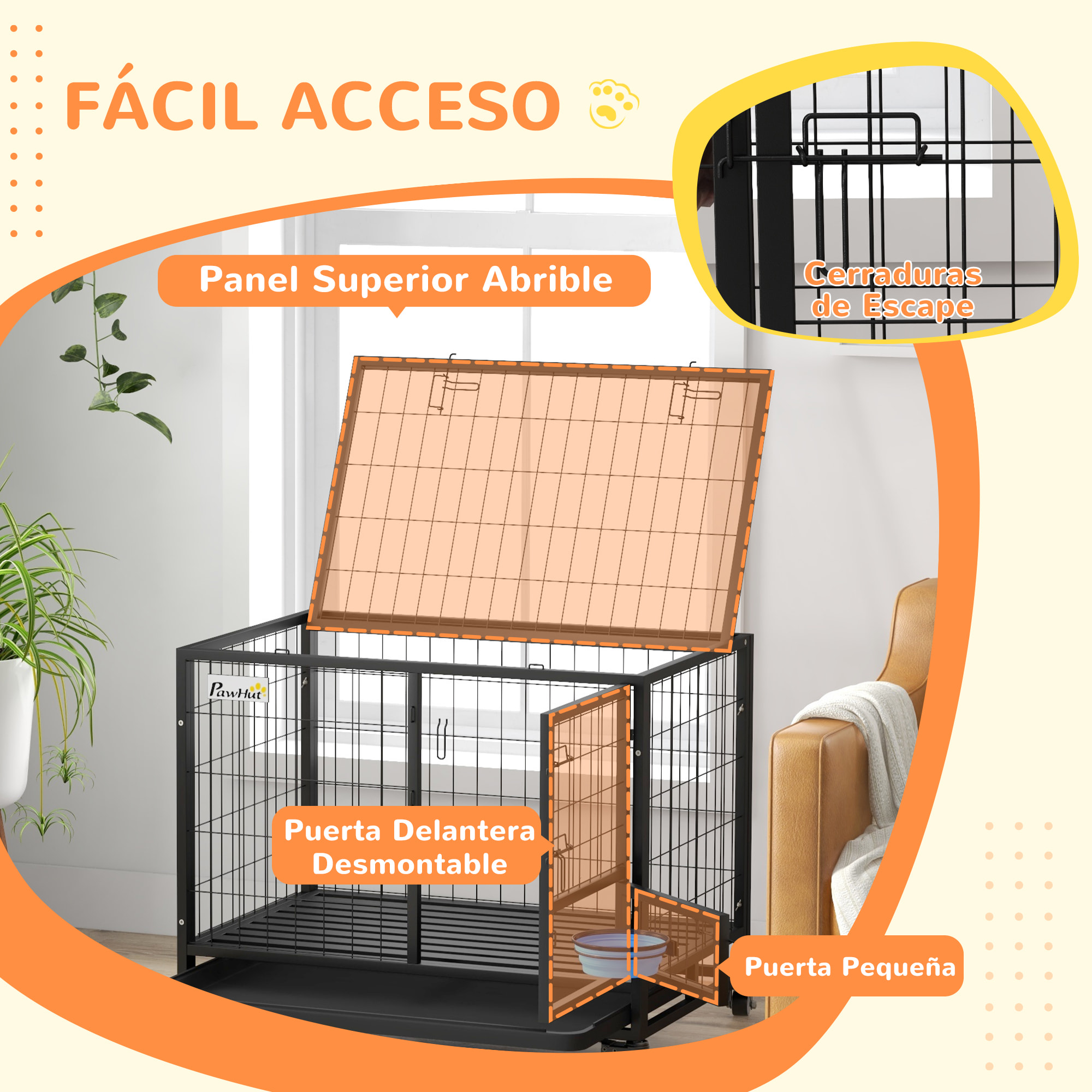 Jaula para Perros Jaula para Perros Grandes con Tapa Superior Abatible Soporte de Cuenco Bandeja Extraíble Ruedas y Puerta Doble Desmontable 92x62x73 cm Negro