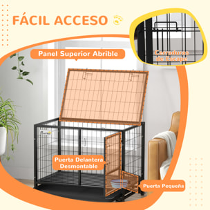 Jaula para Perros Jaula para Perros Grandes con Tapa Superior Abatible Soporte de Cuenco Bandeja Extraíble Ruedas y Puerta Doble Desmontable 92x62x73 cm Negro