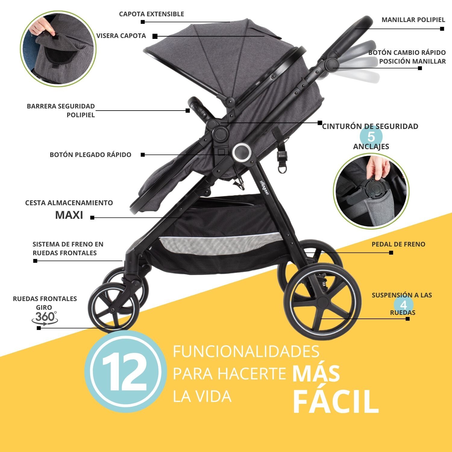 Carrito Bebé 2 en 1, Silla de Paseo | Capazo Acolchado, Modelo Versa