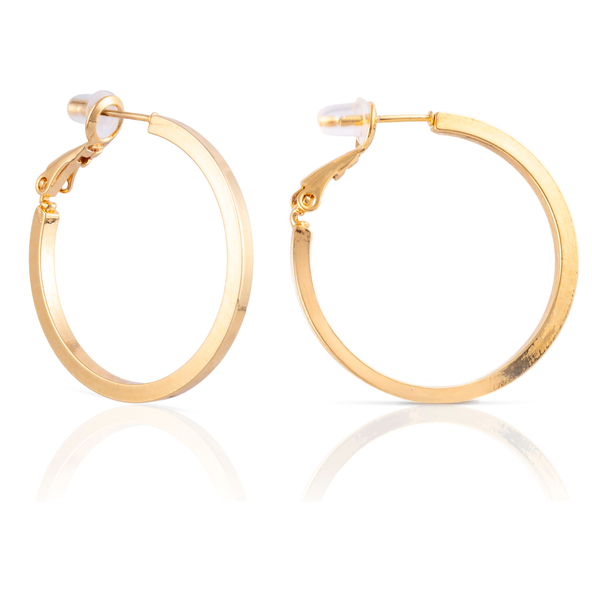 Pendientes de aro plano de cobre con baño de oro auténtico, 30 mm, cierre catalán de plata de ley 925 con acabado dorado electroplateado.