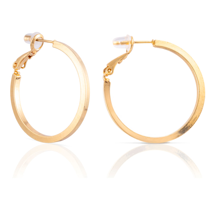 Pendientes de aro plano de cobre con baño de oro auténtico, 30 mm, cierre catalán de plata de ley 925 con acabado dorado electroplateado.