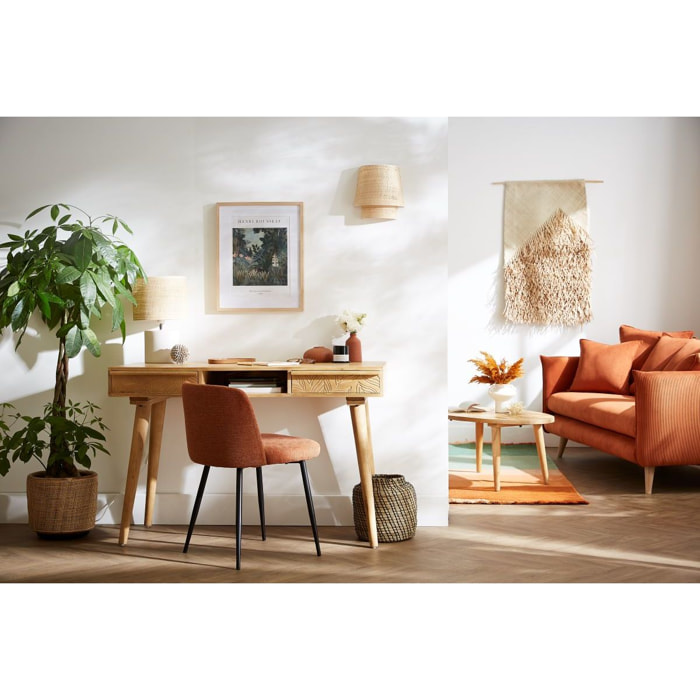 Bureau avec rangements 2 tiroirs ethnique bois manguier massif gravé L120 cm KAFFIR
