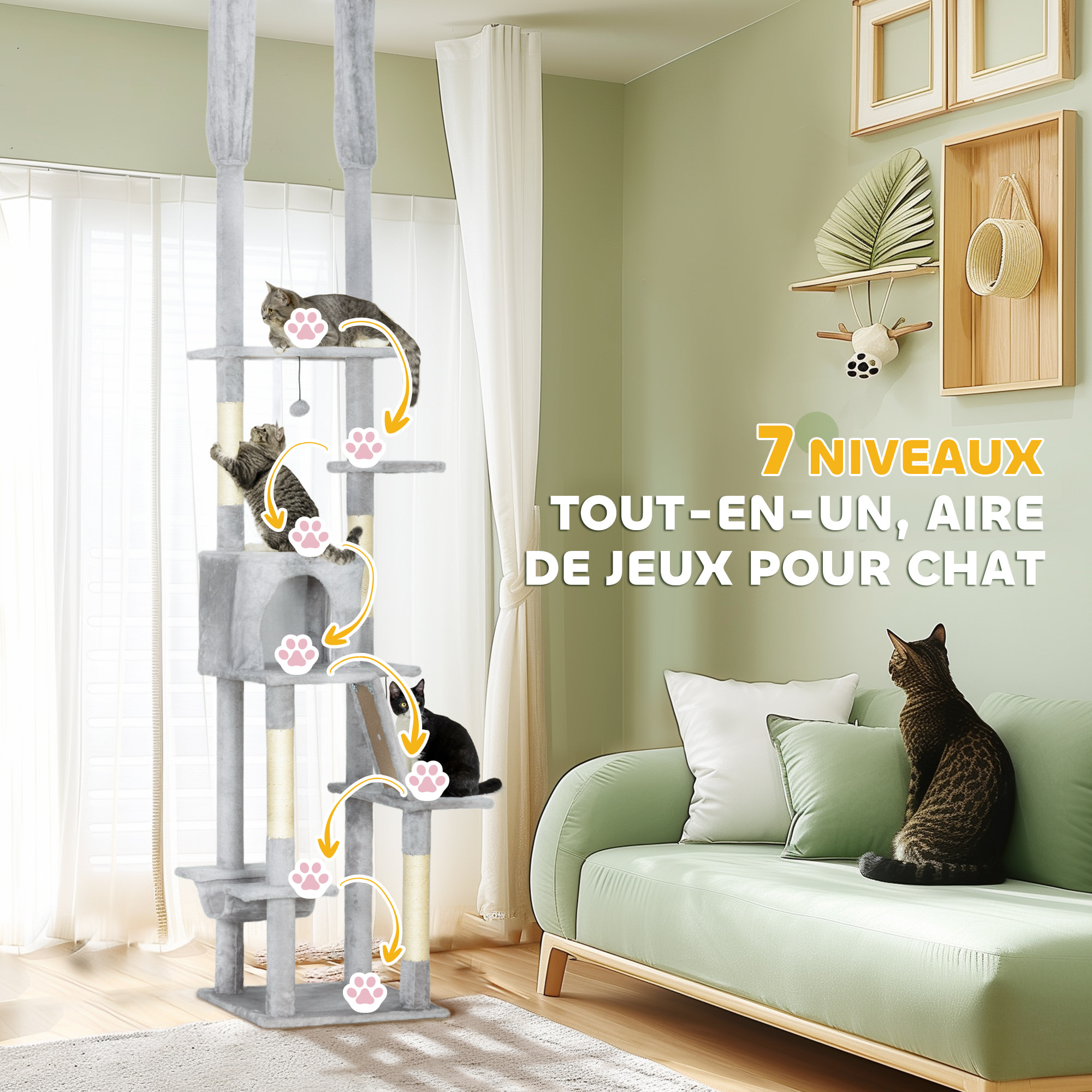 Arbre à chat du sol au plafond XXL, hauteur réglable 225-255 cm, griffoir pour chat en sisal à 6 niveaux avec niche, hamac, plates-formes, échelle et 2 pompons suspendues, gris clair