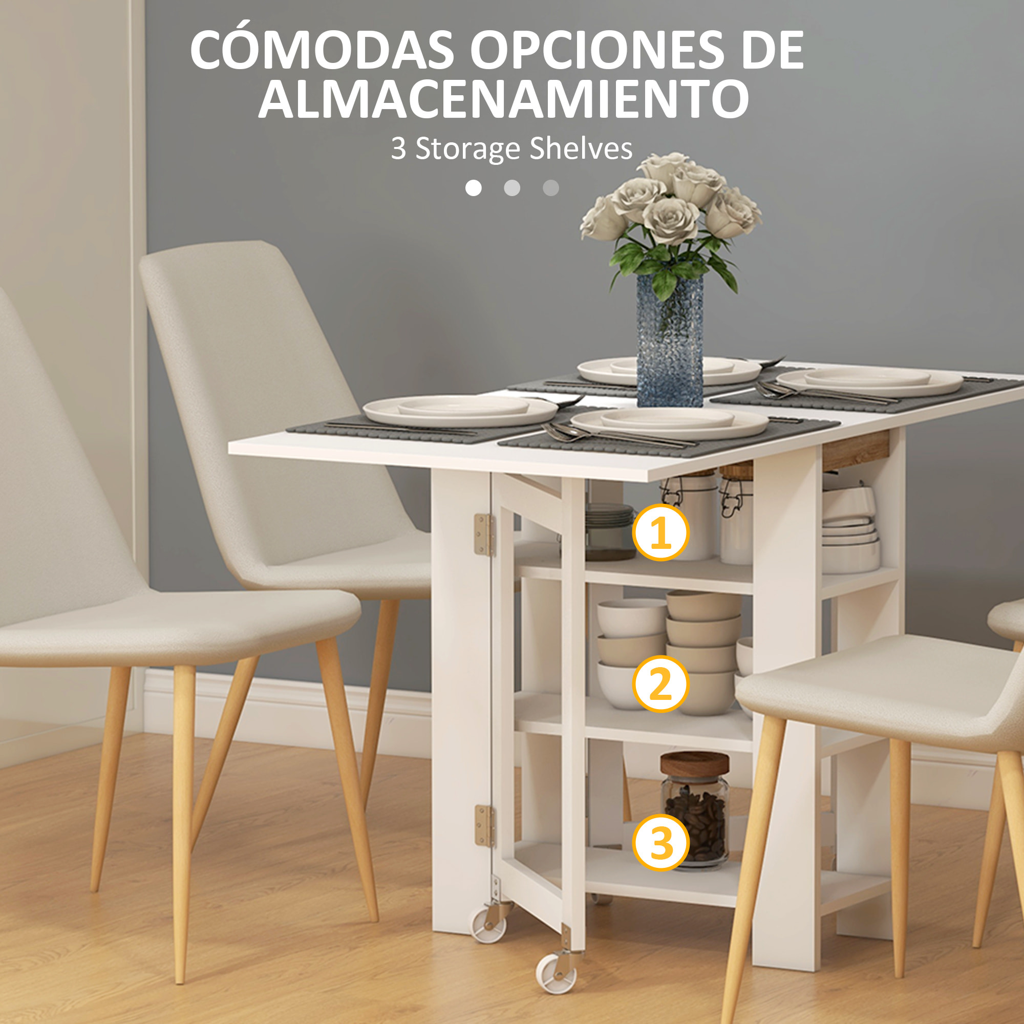 Mesa Plegable con Alas Abatibles Mesa de Comedor Plegable Mesa de Cocina con 2 Ruedas y Estantes Estilo Moderno 120x60x75 cm Blanco