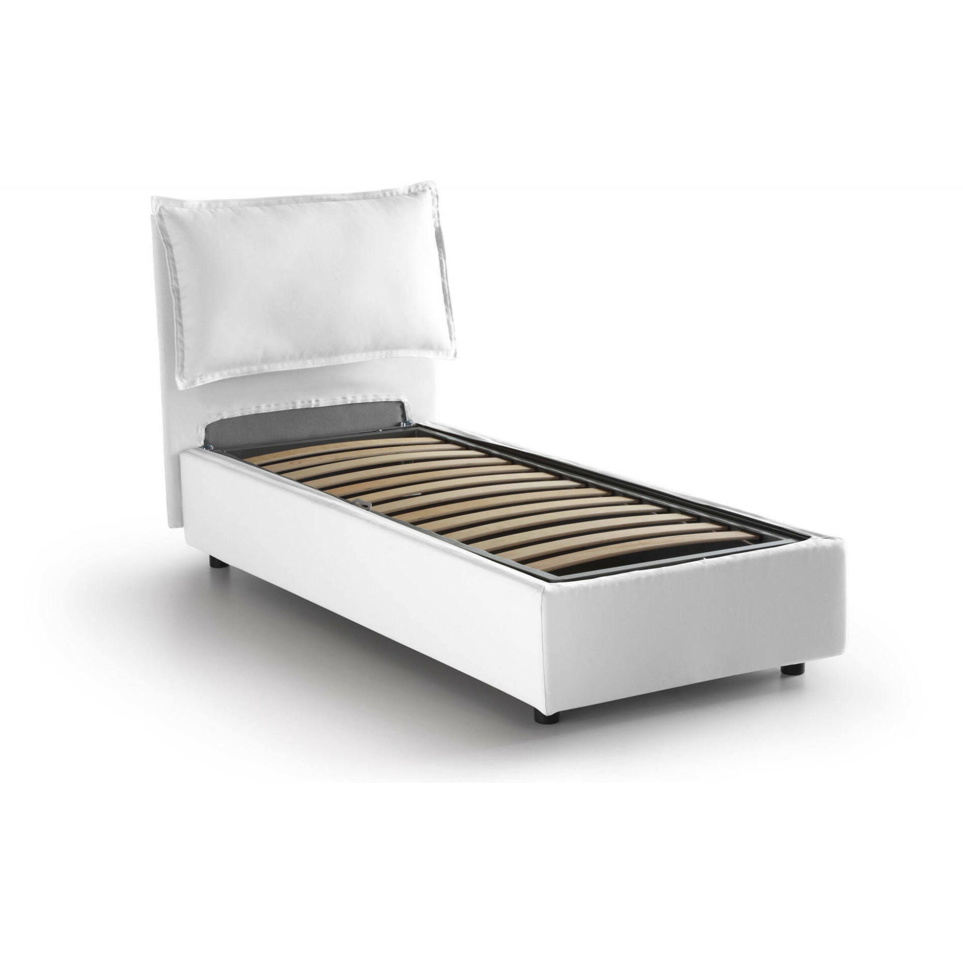 Letto singolo Aigor, Letto contenitore con rivestimento in tessuto, 100% Made in Italy, Apertura frontale, adatto per materasso Cm 90x190, Bianco