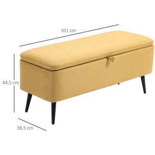 Banc coffre de rangement 2 en 1 dim. 102L x 40l x 39H cm piètement acier noir tissu jaune moutarde