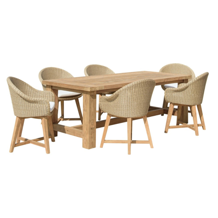 KALLY - Ensemble de jardin table en bois teck recyclé et chaises en rotin synth. 6 pers