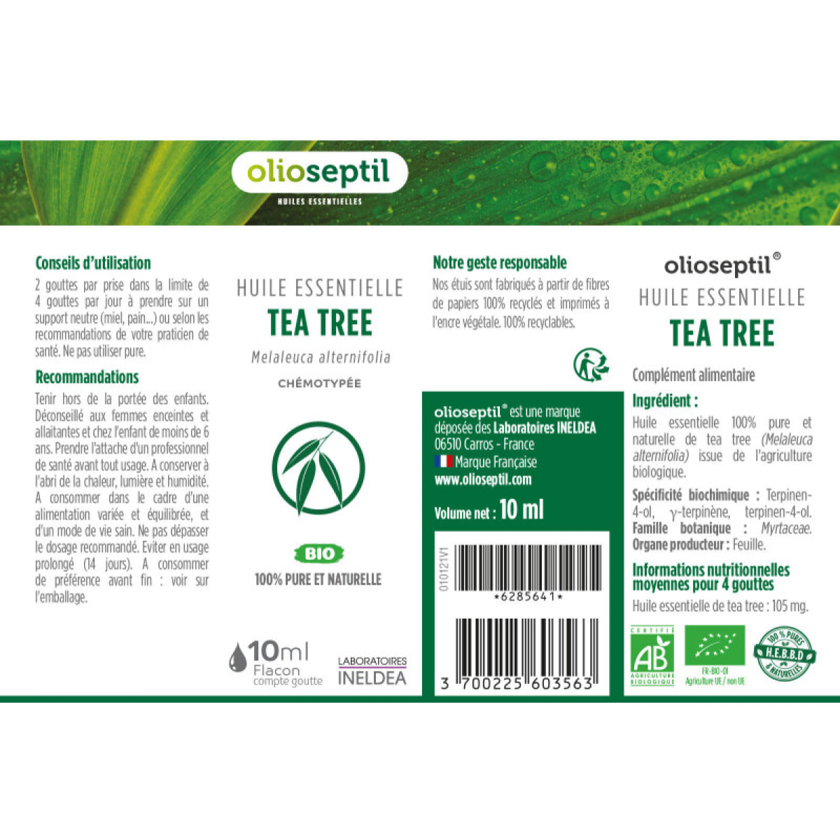 OLIOSEPTIL - Huile essentielle de Tea Tree - 100% Pure et naturelle - BIO - HEBBD (biochimiquement et botaniquement définie) - 100% origine naturelle - Lot de 3 Flacons 10ml