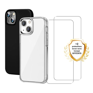 Lot de 2 Coques iPhone 13 Transparente et Noire Antichoc Silicone + 2 Vitres en verre trempé Protection écran