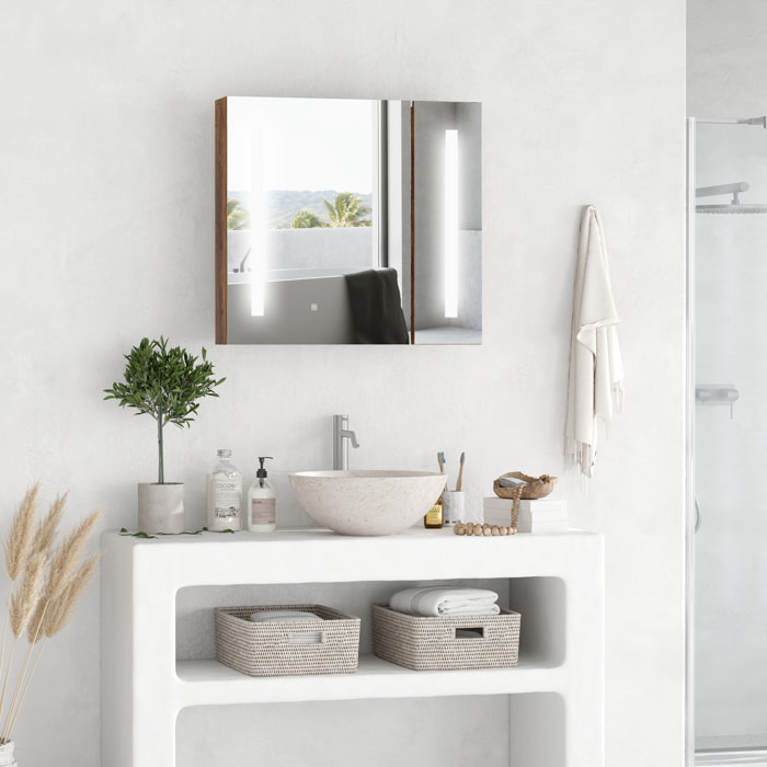 Miroir lumineux LED armoire murale design de salle de bain 2 en 1 dim. 70L x 15l x 65H cm MDF aspect bois