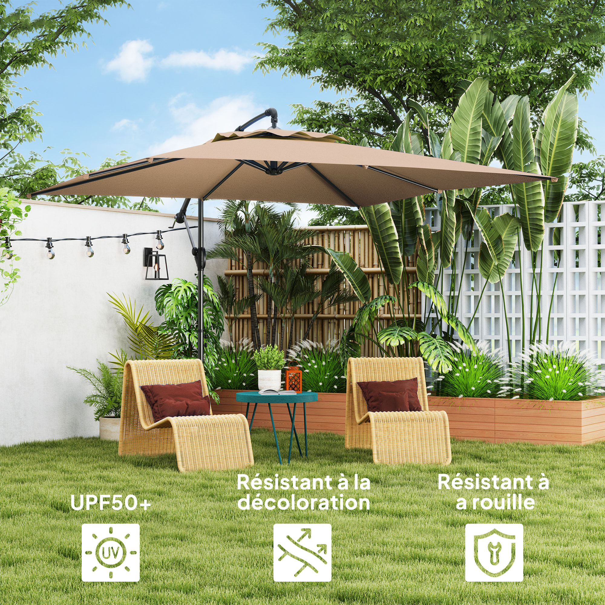 Parasol déporté carré 3 x 3 m réglable piètement croix manivelle tissu haute densité 180g/m² UPF50+ kaki
