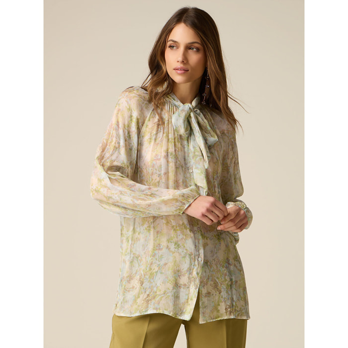 Oltre - Blusa in viscosa plissé con fiocco - Azzurro