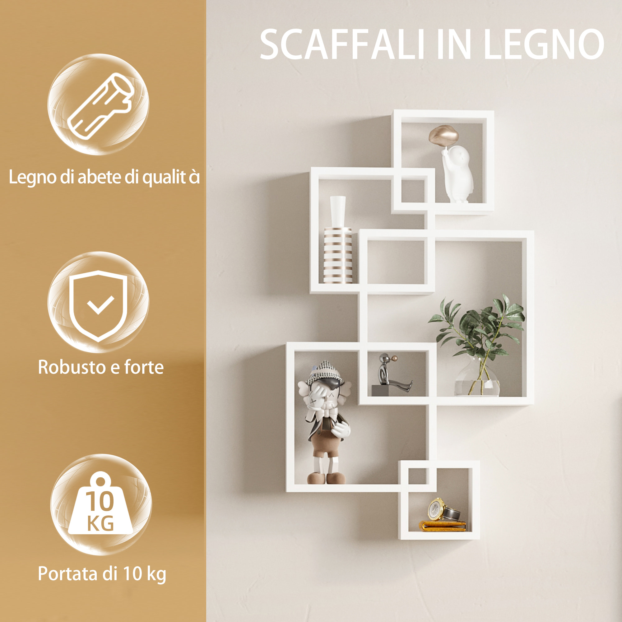 HOMCOM Libreria Moderna Sospesa con 5 Cubi Intrecciati in Legno, 49.5x10.2x86cm, Bianco