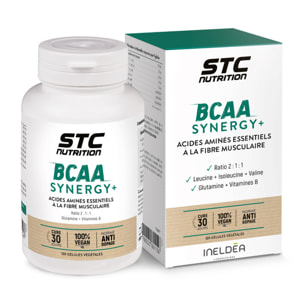 STC NUTRITION - BCAA Synergy+ - Complément alimentaire riche en acides aminés branchés - Augmente la résistance à l'effort - Réduit la fatigue musculaire - Limite les courbatures - 120 gélules