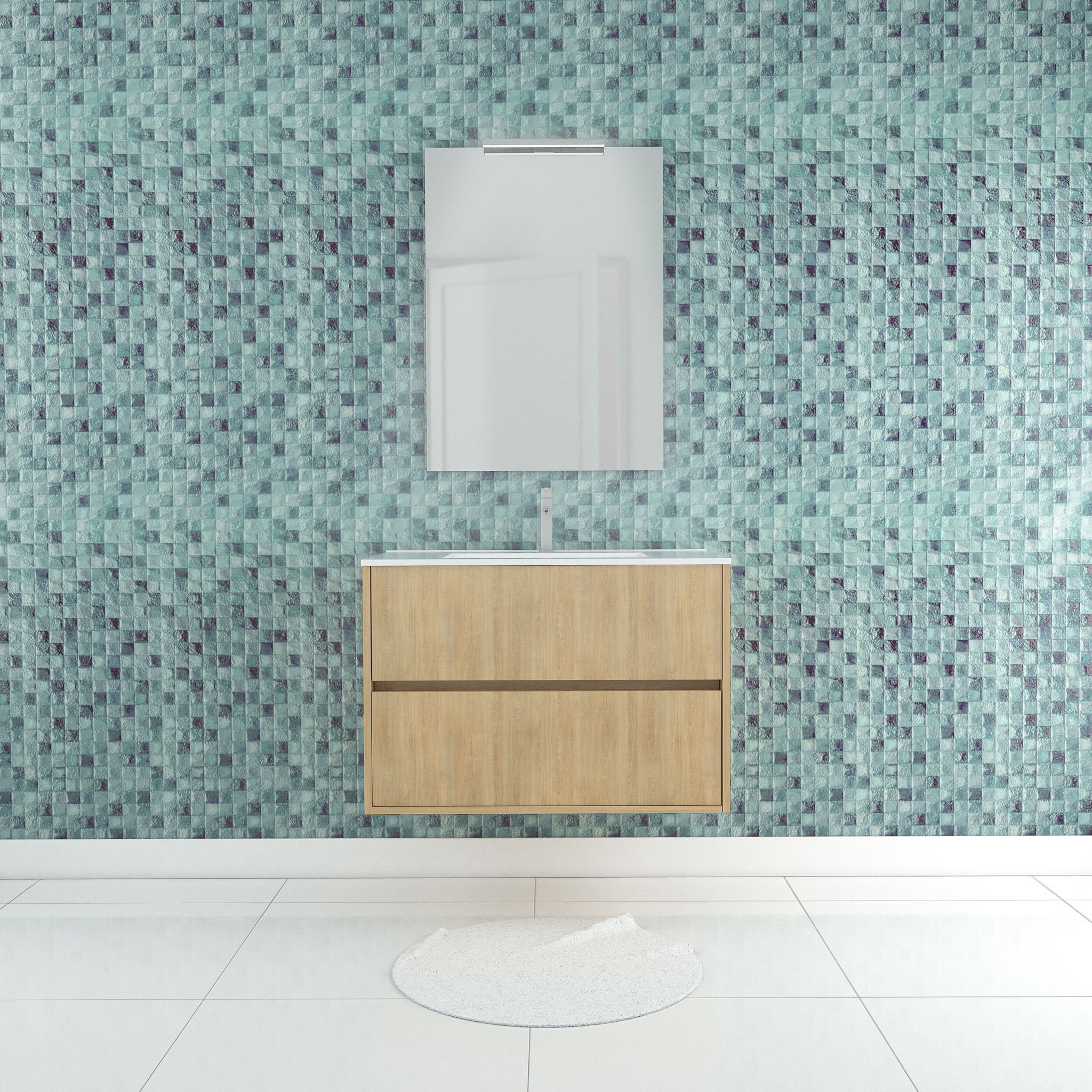Pack Meuble Salle de Bains 80cm Chêne Clair 2 Tiroirs, Vasque, Miroir 60x80 et réglette Led - XENOS