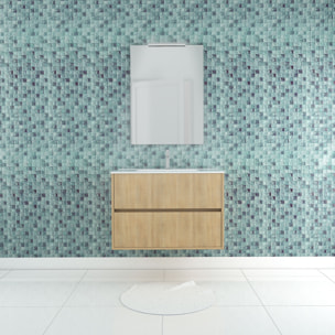 Pack Meuble Salle de Bains 80cm Chêne Clair 2 Tiroirs, Vasque, Miroir 60x80 et réglette Led - XENOS