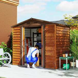 Caseta de Jardín Exterior 3 m² 235,7x152x208,7 cm Cobertizo de Jardín Exterior Metálica con 2 Puertas Corredizas y 4 Ventanas para Almacenamiento de Herramientas Efecto Madera Natural y Café