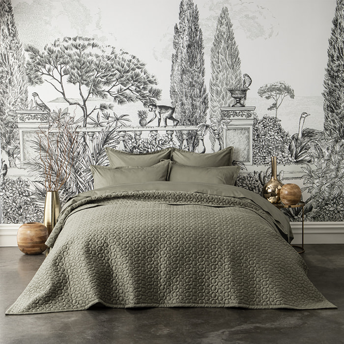 Couvre-lit matelassé uni en satin de coton bio, POESIE, Vert kaki