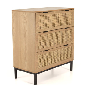 MARCEAU - Commode 3 tiroirs cannage naturel pieds métal noir