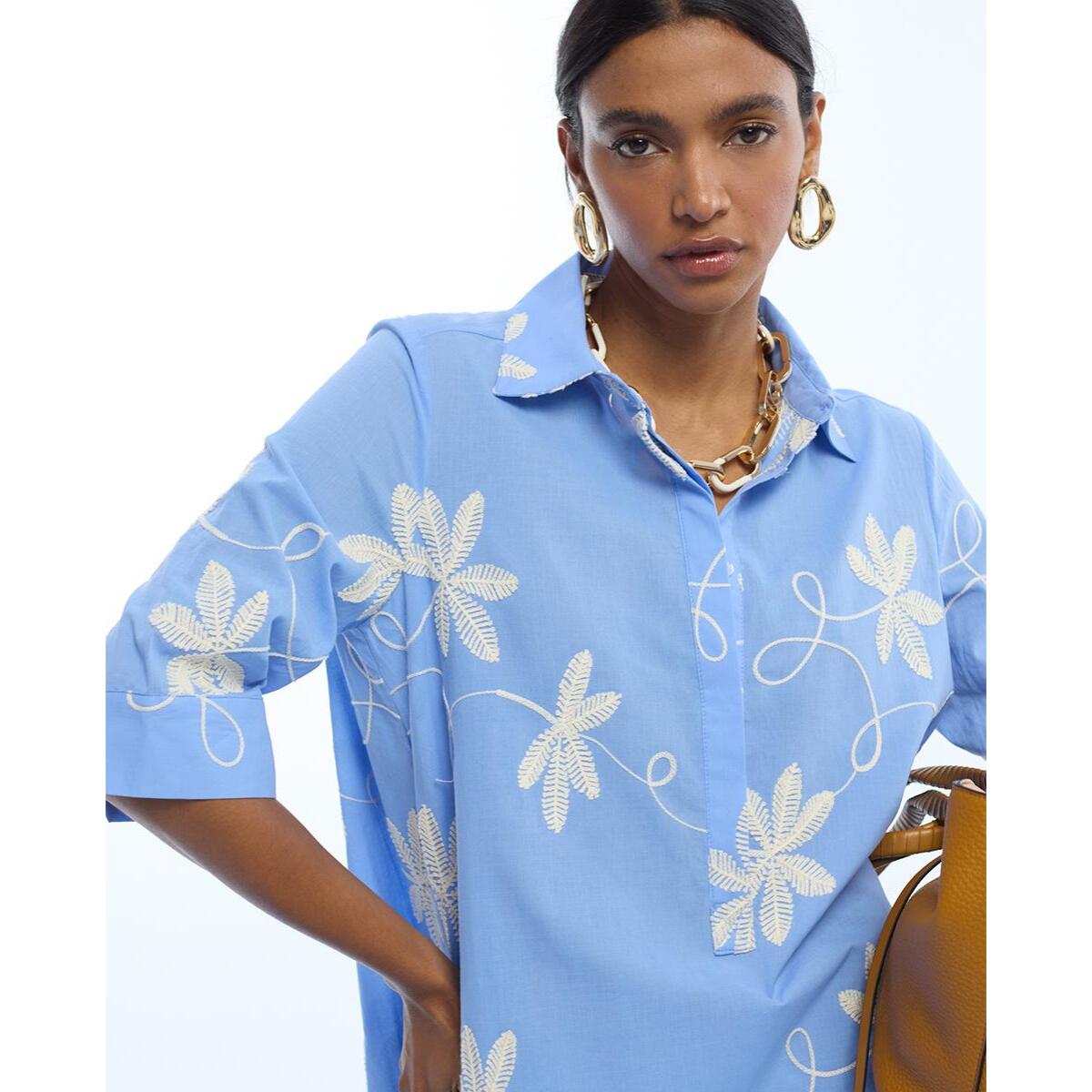 Abito camicia in cotone con ricamo floreale