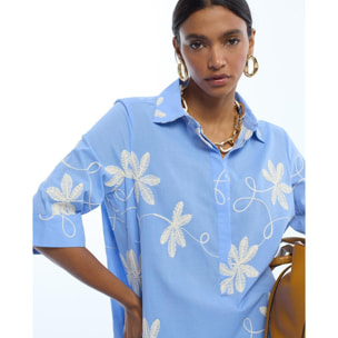 Abito camicia in cotone con ricamo floreale