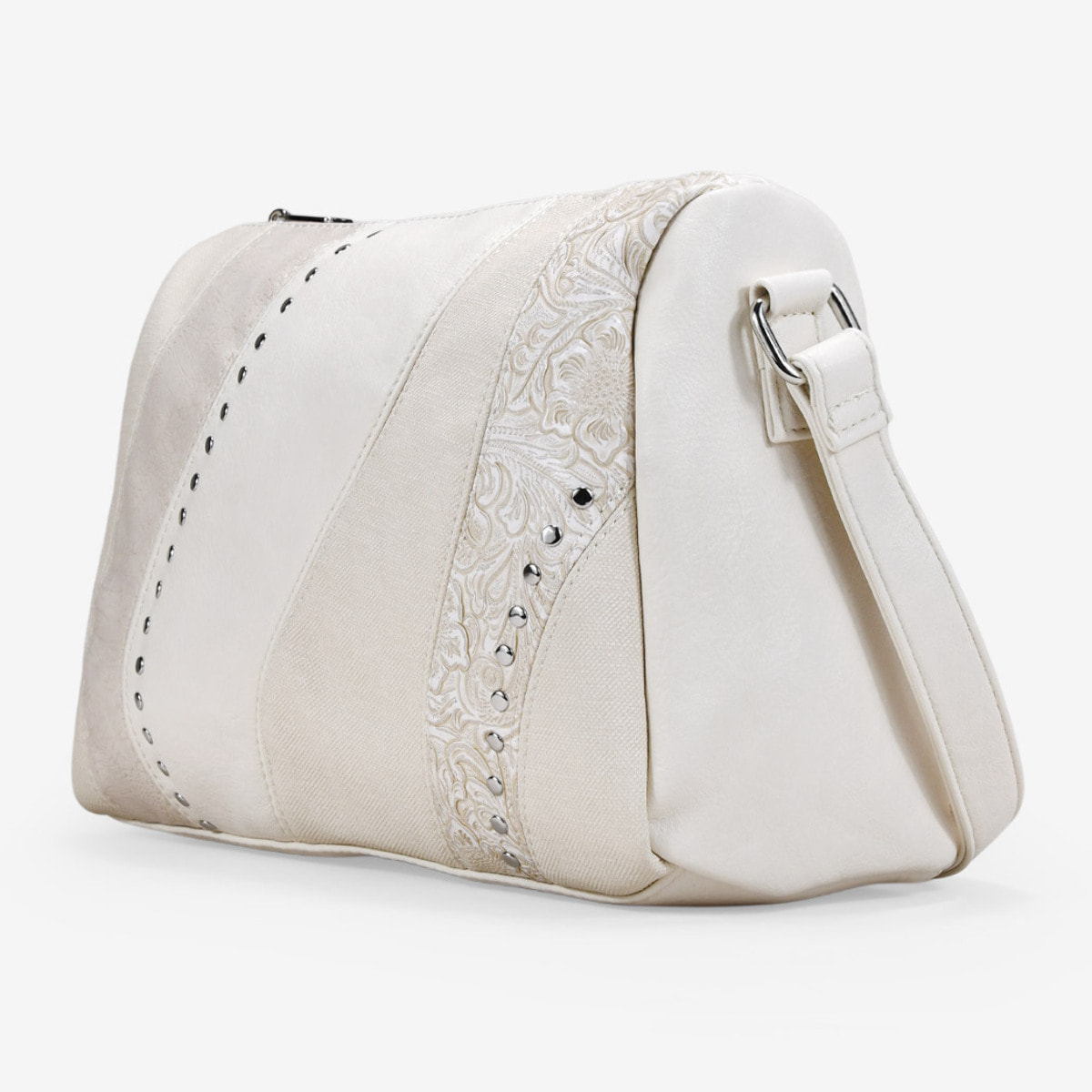 Bolso bandolera beige con cremallera y tachas