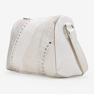 Bolso bandolera beige con cremallera y tachas