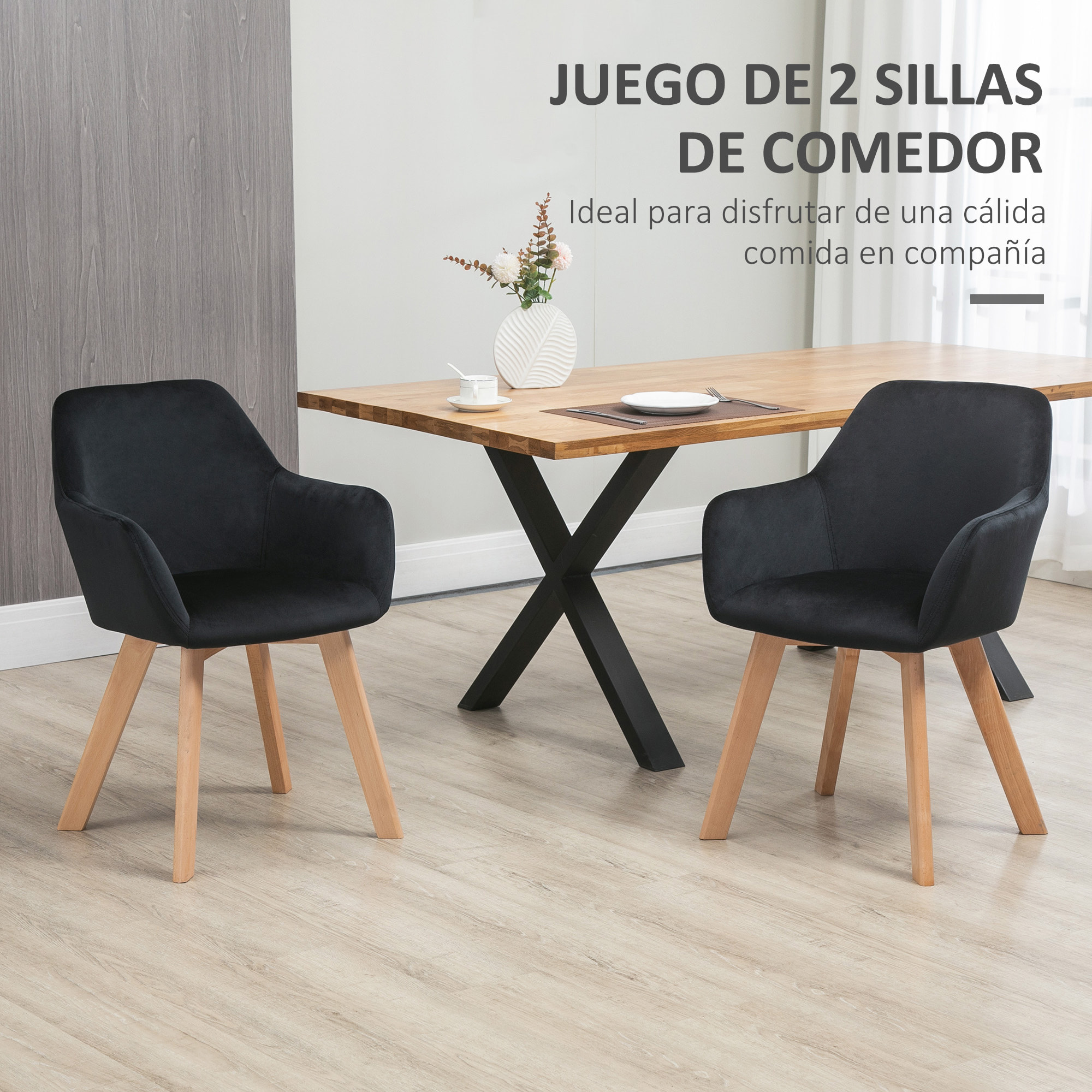 HOMCOM Juego de 2 Sillas de Comedor Modernas Sillas de Cocina Tapizado en Terciopelo con Respaldo Medio y Patas de Madera de Caucho para Salón Carga 120 kg 54x57x80 cm Negro