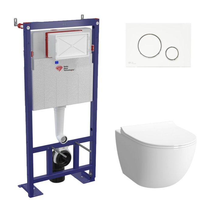 Pack WC bâti-autoportant + WC SAT infinitio sans bride fixations invisibles + Abattant softclose + Plaque blanche/chrome