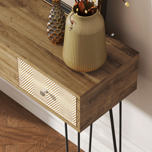 Mesa de Consola, Mesa de Sofá con 3 Cajones, Consola para Recibidor Estrecha con Patas de Acero Tipo Horquilla, para Salón, Pasillo, Entrada, Natural