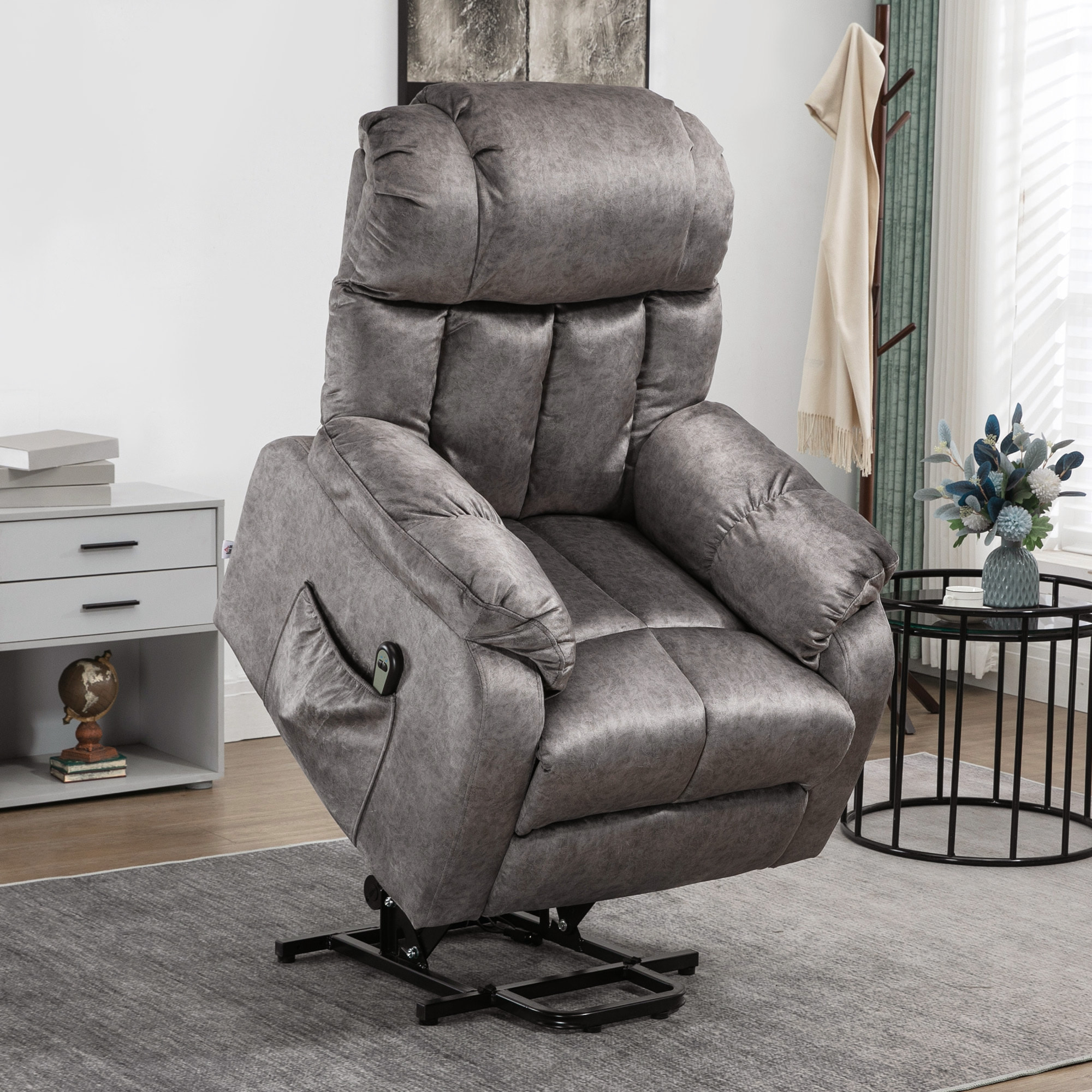 Sillón Relax Levanta Personas Eléctrico Silla Elevadora Eléctrica con Reposapiés 2 Bolsillos Laterales Mando a Distancia y Reclinación Eléctrica hasta 135° Gris