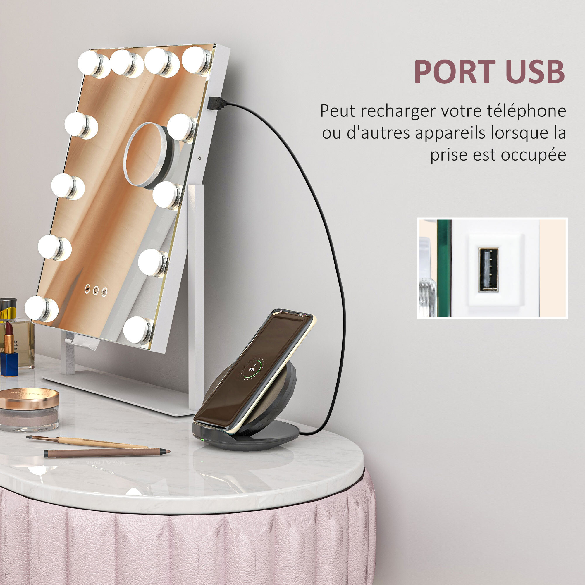 Miroir Hollywood LED rotatif grossissant dim. 36,5 x 45,5 cm 12 ampoules 3 modes luminosité port charge USB