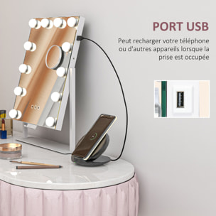 Miroir Hollywood LED rotatif grossissant dim. 36,5 x 45,5 cm 12 ampoules 3 modes luminosité port charge USB