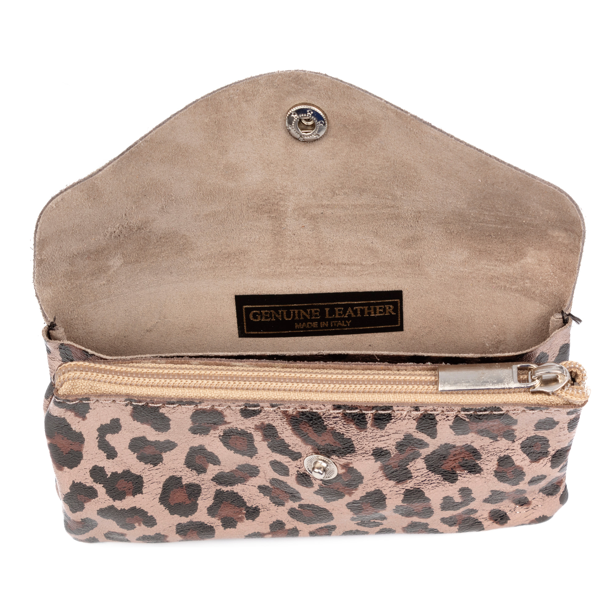 Alseno monedero alargado mujer. Piel auténtica Gamuza, diseño animal print leopardo, lacada brillante.