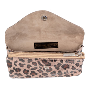 Alseno monedero alargado mujer. Piel auténtica Gamuza, diseño animal print leopardo, lacada brillante.