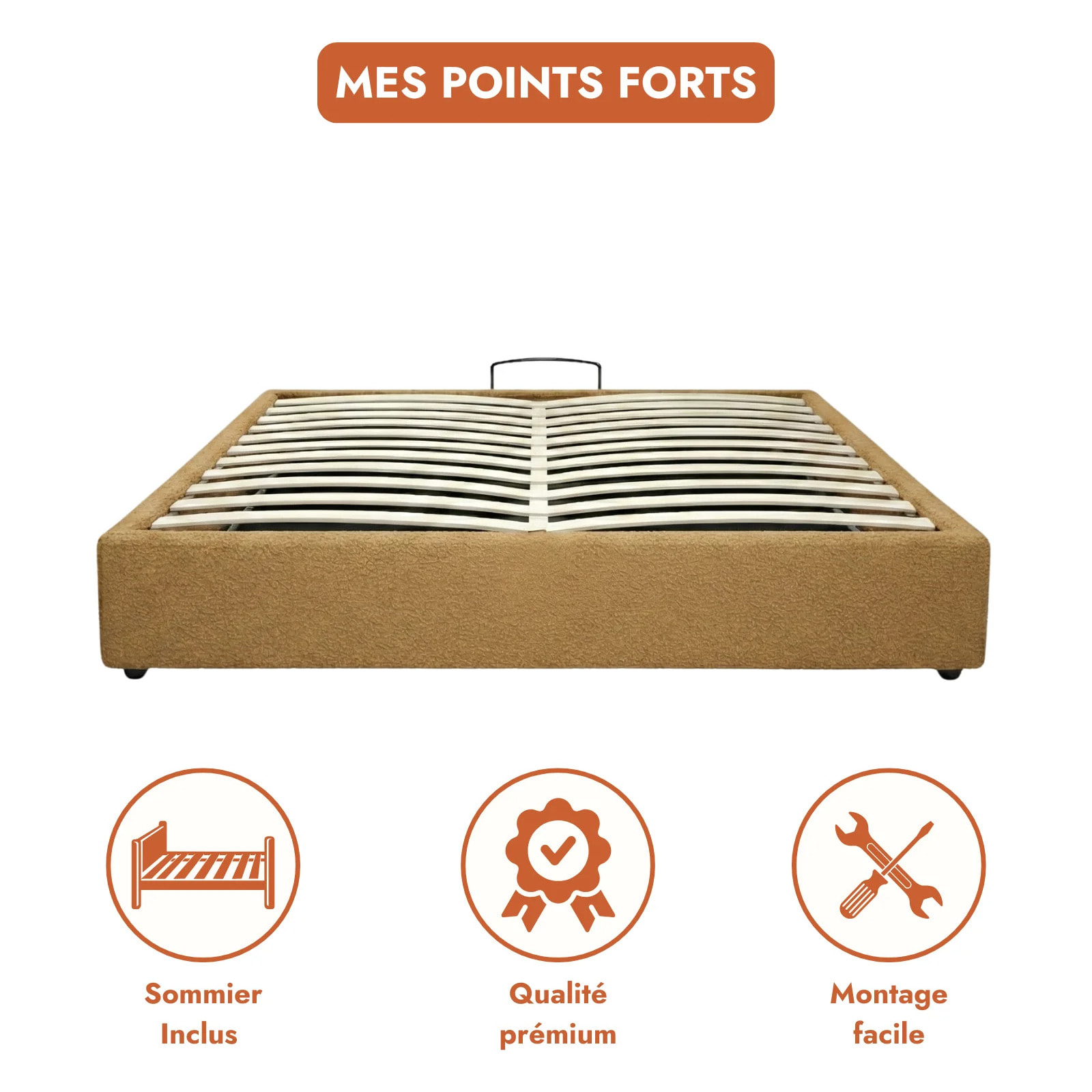 Lit coffre Futura | Ouverture électrique avec télécommande | Espace de stockage jusqu'à 900 L | Bouclette | Camel